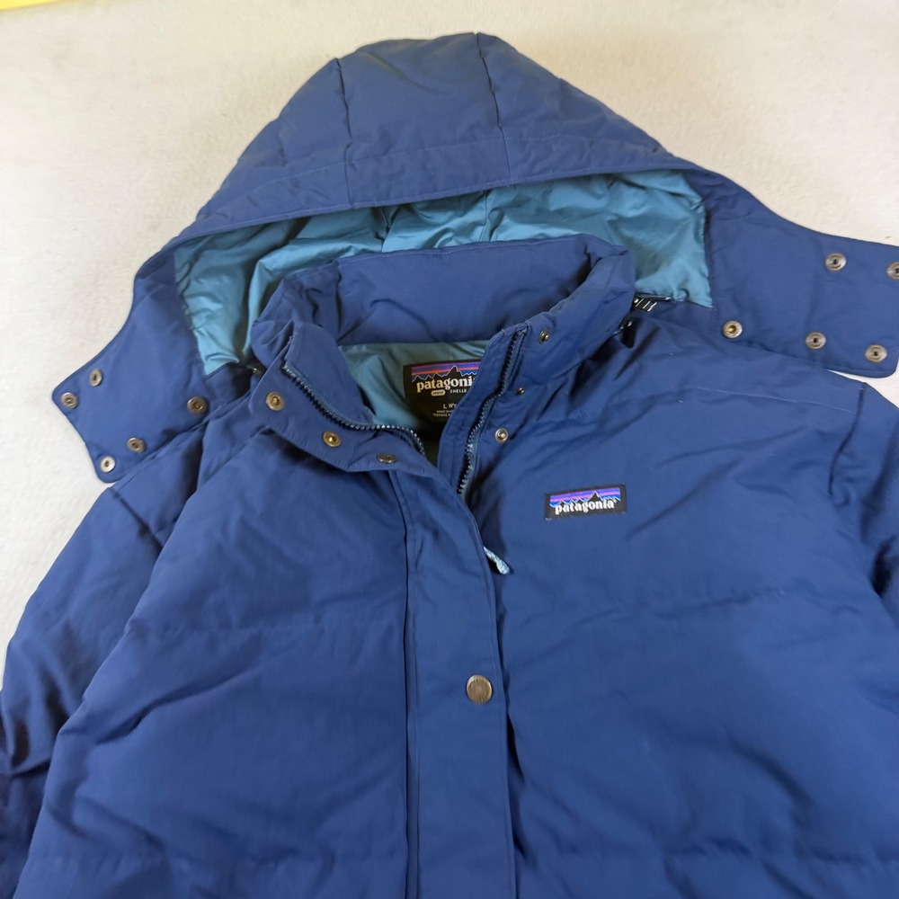 Patagonia Down Drift Jacket Navy Blue Womens Large NetPlus Shell Puffer Hooded